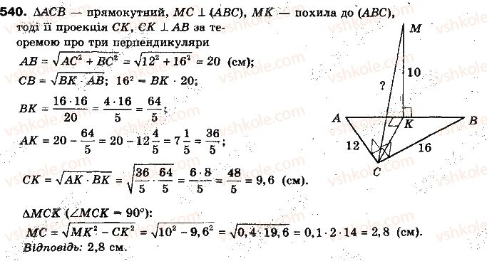 фото задание 540 - § 14. перпендикуляр і похила до площини - розділ 4. перпендикулярність прямих і площин у просторі