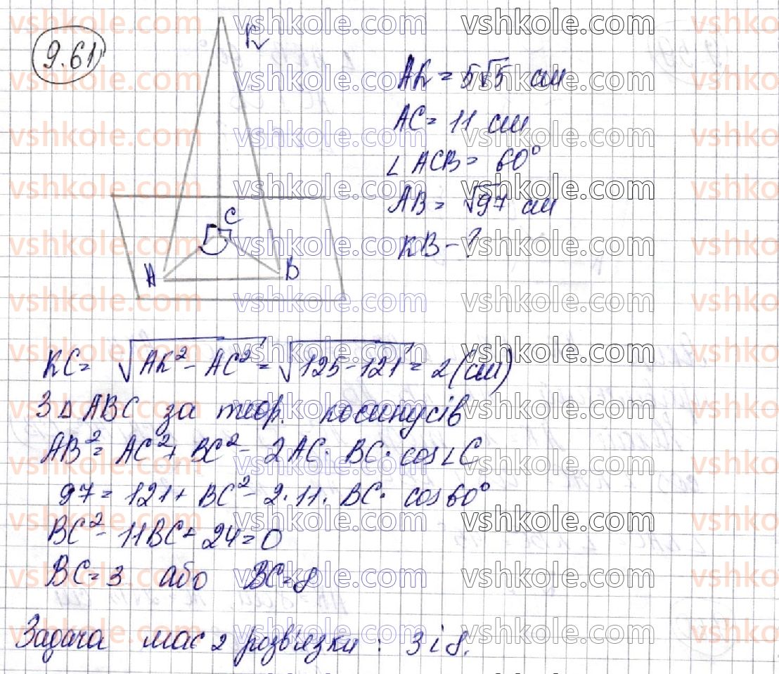 фото задание 61 - § 9. перпендикуляр і похила. теорема про три перпендикуляри - розділ 3. перпендикулярність прямих і площин у просторі