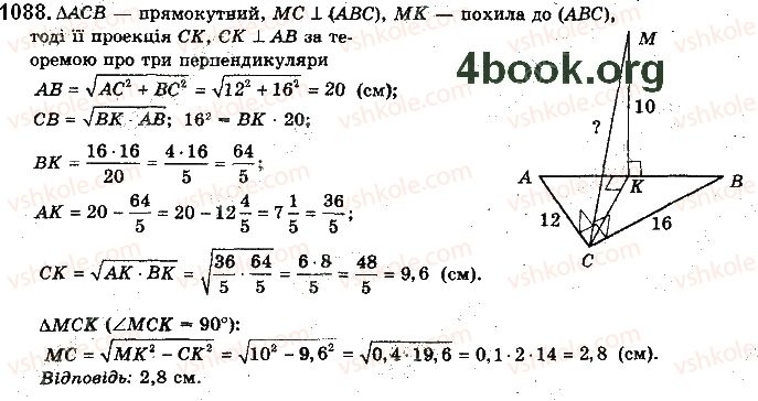 фото задание 1088 - § 30. перпендикуляр і похила до площини - розділ 5. перпендикулярність прямих і площин у просторі