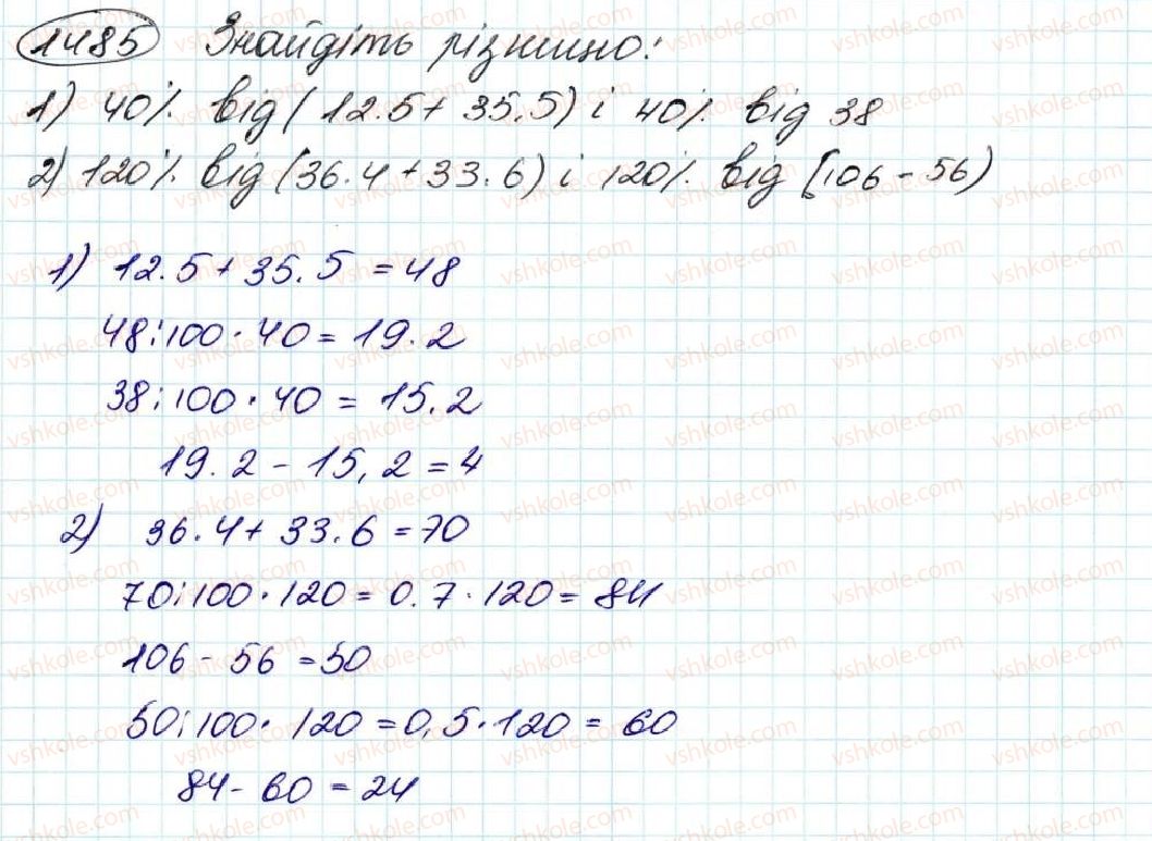 фото задание 1485 - § 34. що таке відсоток. знаходження відсотка від числа - розділ 8. відсотки. середнє арифметичне