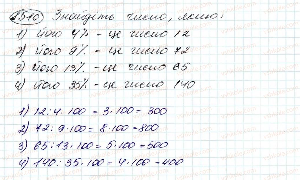 фото задание 1510 - § 35. знаходження числа за його відсотком - розділ 8. відсотки. середнє арифметичне