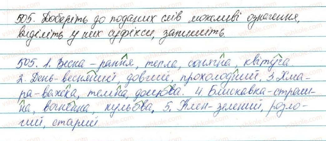 фото задание 505 - § 53. основа слова (корінь, суфікс, префікс) і закінчення - значущі частини слова. спільнокореневі слова - будова слова. орфографія