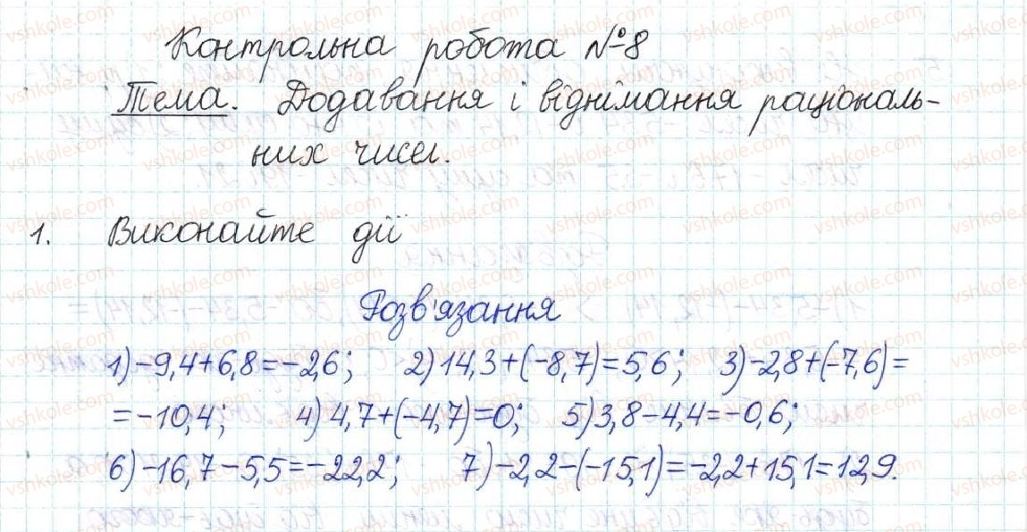 фото задание 1 - контрольна робота №8. додавання і віднімання раціональних чисел - варіант 2 - контрольні роботи