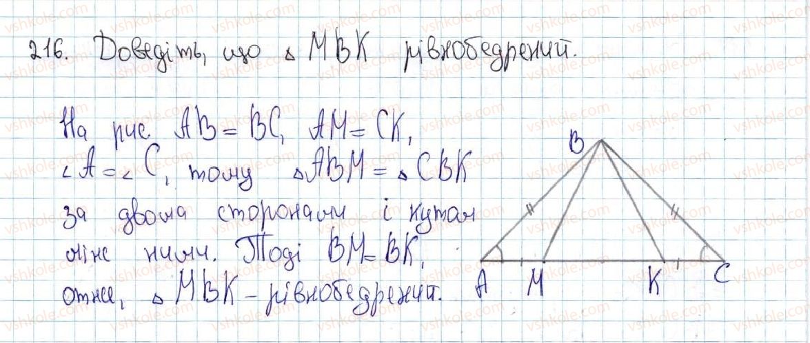 фото задание 216 - 9. рівнобедрений трикутник та його властивості - § 2. трикутники