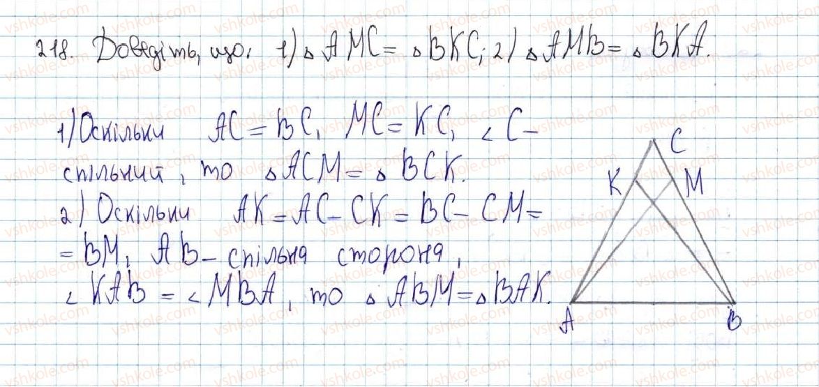 фото задание 218 - 9. рівнобедрений трикутник та його властивості - § 2. трикутники