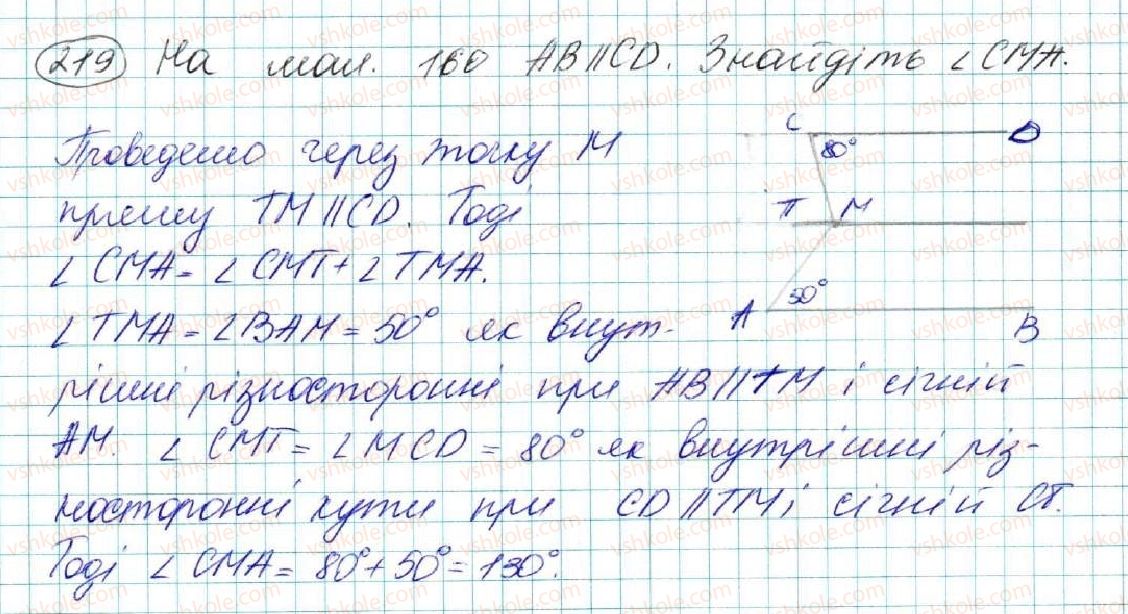 фото задание 219 - § 10. властивість паралельних прямих. властивість кутів, утворених при перетині паралельних прямих січною - розділ 2. взаємне розміщення прямих на площині