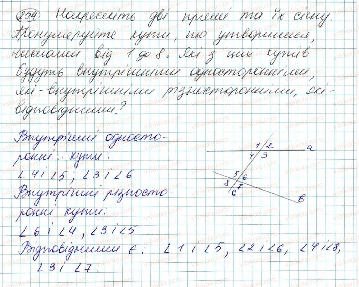 фото задание 254 - § 10. властивість паралельних прямих. властивість кутів, утворених при перетині паралельних прямих січною - розділ 2. взаємне розміщення прямих на площині