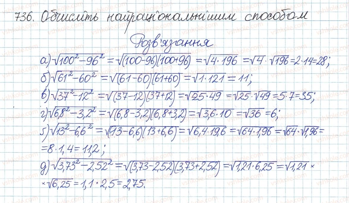 фото задание 736 - § 16. квадратний корінь з добутку, дробу, степеня - розділ 2. квадратні корені і дійсні числа