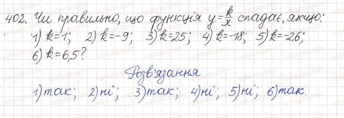 фото задание 402 - § 11. функція у = k/x - розділ 1. раціональні вирази