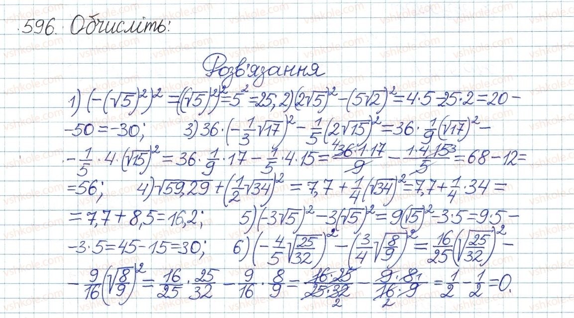 фото задание 596 - § 16. тотожність (√а)2=а, а≥0 - розділ 2. квадратні корені. дійсні числа