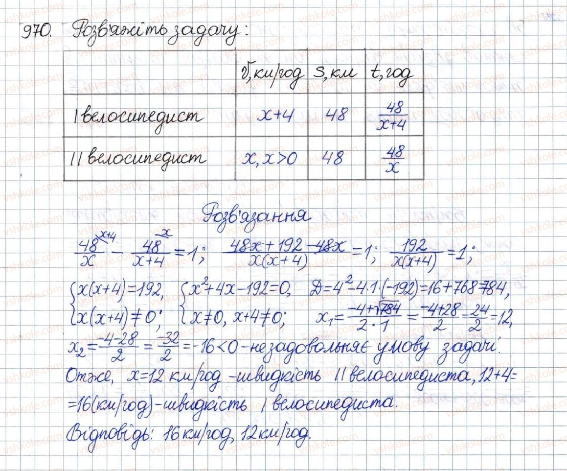 фото задание 970 - § 26. розв'язування задач за допомогою дробових раціональних рівнянь - розділ 3. квадратні рівняння