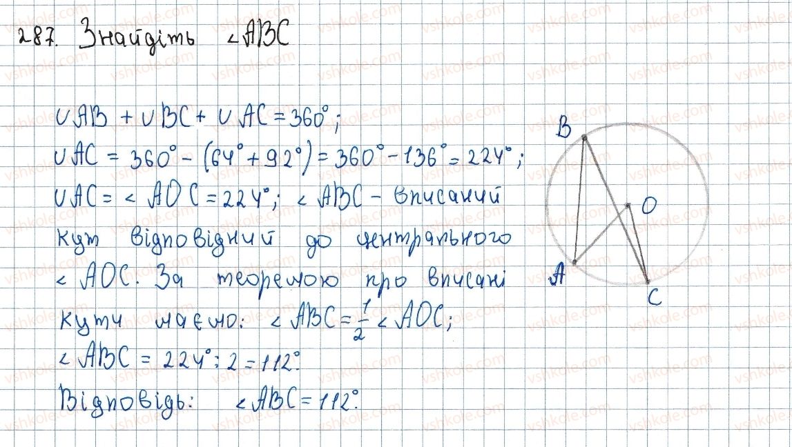 фото задание 287 - 9. центральні та вписані кути - § 1. чотирикутники