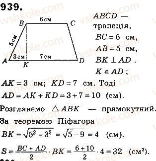 фото задание 939 - § 21. площі паралелограма і трапеції - розділ 4. многокутники та їх площі