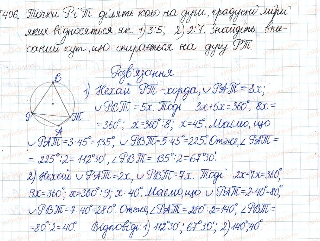 фото задание 406 - § 8. центральні та вписані кути - розділ 1. чотирикутники