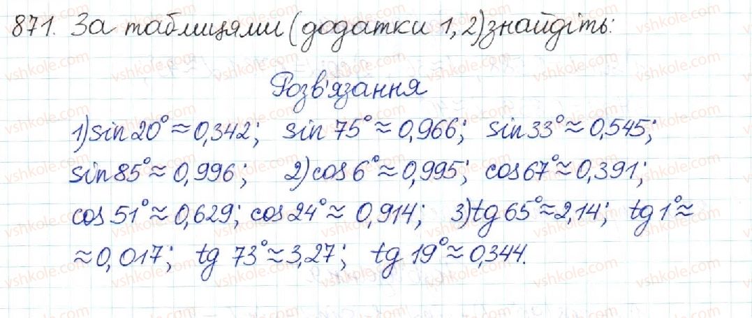 фото задание 871 - § 18. обчислення значень sin α, cos α та tg α - розділ 3. розв’язування прямокутних трикутників