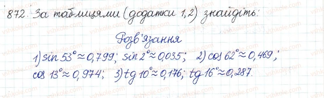 фото задание 872 - § 18. обчислення значень sin α, cos α та tg α - розділ 3. розв’язування прямокутних трикутників